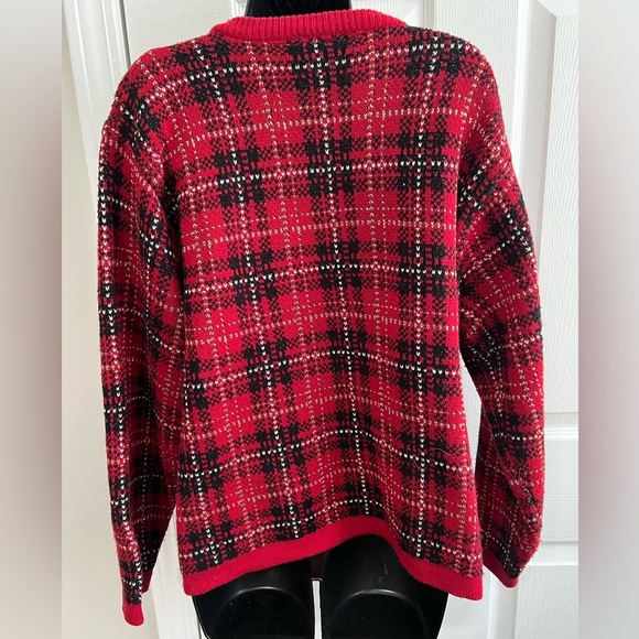 Vintage Christmas Sweater Red Plaid Cardigan with Gold Accents - Picture 2 of 4